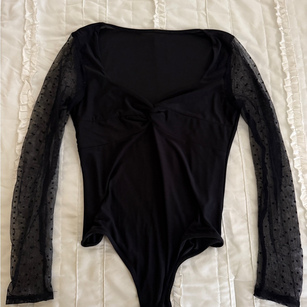 Black Bodysuit with Sheer Polka Dot Sleeves